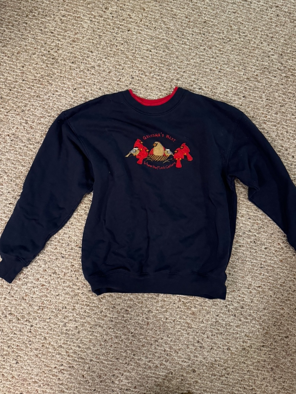 Navy and Red “Grandma’s Nest” bird pullover